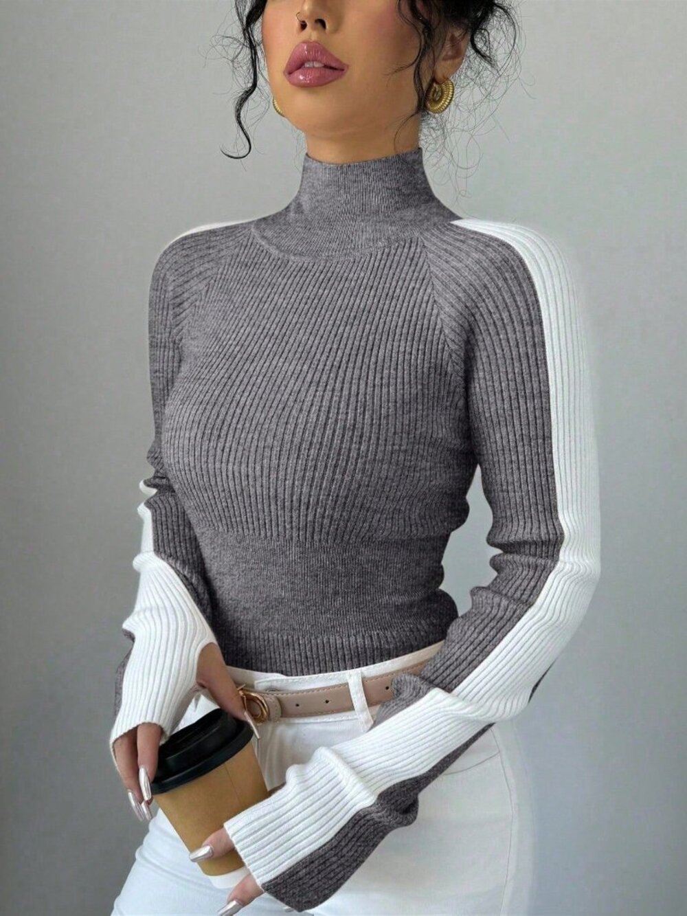 Grey Cozy Women's Stand Collar Contrast Raglan Sleeve Fitted Minimalist Sweater